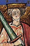 Image of Æthelred with an oversize sword from the illuminated manuscript "The Chronicle of Abingdon"