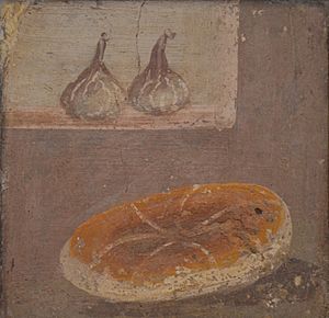 Fresco showing a piece of bread and two figs, from Pompeii, Naples National Archaeological Museum (14843173354)