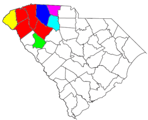 Location of the Greenville-Spartanburg-Anderson CSA, which coincides with Upstate South Carolina except for Abbeville County, and its components:      Greenville–Anderson Metropolitan Statistical Area      Spartanburg Metropolitan Statistical Area      Seneca Micropolitan Statistical Area      Greenwood Micropolitan Statistical Area      Gaffney Micropolitan Statistical Area      Union Micropolitan Statistical Area