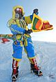 Jayanthi Kuru Utumpala waving the Sri Lankan flag on the summit of Mount Everest on 21st May 2016 (cropped)
