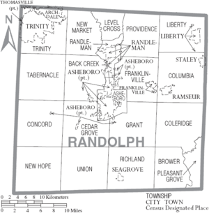 Map of Randolph County North Carolina With Municipal and Township Labels