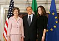 Mrs. Laura Bush and daughter, Barbara Bush, are greeted by Italian Prime Minister Silvio Berlusconi