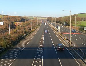 Northward view of A23 and Brighton Main Line from footbridge near Braypool Lane, Patcham (December 2012)