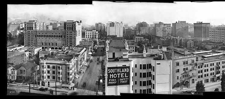 Panoramic view of Los Angeles, showing Sixth Street, Figueroa Street, Flower Street, east side of Sixth Street, ca.1916 (CHS-5790B-p)