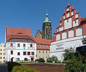 Pirna, Frohngasse - Blick auf Canalettohaus, Marienkirche und deutsch-tschechisches Interna (01-2)