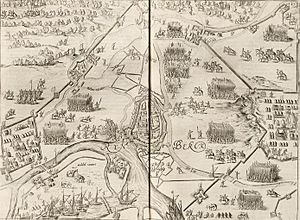 Vogelvlucht van de stad Rijnberk aan de Rijn met versterkingen - Siege of Rheinberg in 1597 by Maurice of Orange (Johannes Janssonius, 1651).jpg