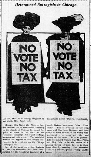 "Determined Suffragists in Chicago" Leavenworth Times, 24 MAR 1910, Hazel Philip of North Dakota and Janet Cole of South Dakota