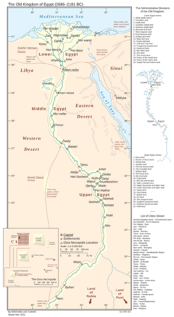 During the Old Kingdom of Egypt (circa 2700 BC – circa 2200 BC), Egypt consisted of the Nile River region south to Abu (also known as Elephantine), as well as Sinai and the oases in the western desert, with Egyptian control/rule over Nubia reaching to the area north of the third cataract.