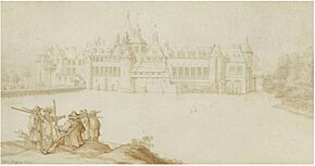 Anhonie Crussens - Hunters resting on the board of a river in front of Tervuren Castle near Brussels