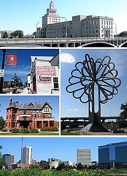 Top row: Mays Island; Middle left: Czech Village, Brucemore, Middle right: Tree of Five Seasons; Bottom row: Downtown Cedar Rapids