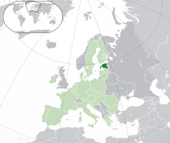 Location of  Estonia  (dark green)– on the European continent  (green & grey)– in the European Union  (green)  —  [Legend]