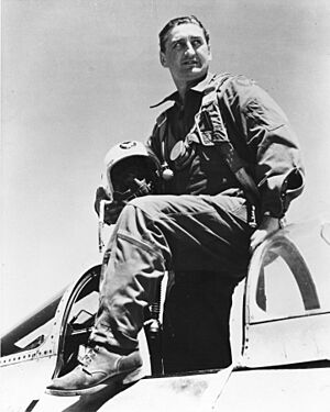 Gabby Gabreski stepping out of F-86 Sabre, 1950