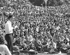 Governor Jerry Brown speaking before crowd at re-election rally on UCLA campus, 1978