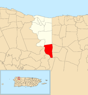 Location of Guajataca within the municipality of Quebradillas shown in red
