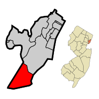 Map showing Bayonne in Hudson County. Inset: Location of Hudson County in New Jersey.