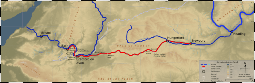 Map of the route with rivers shown in dark blue and canalised route in red.
