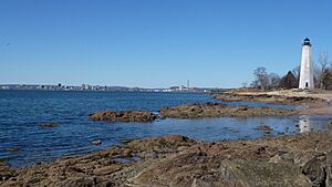 Lighthouse Point Park - lighthouse and view of downtown New Haven