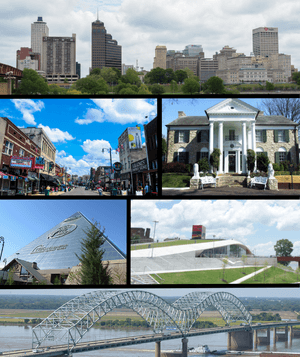 From top to bottom and left to right: Downtown Memphis skyline, Beale Street, Graceland, Memphis Pyramid, Beale Street Landing, and the Hernando de Soto Bridge