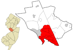 Location of Hamilton Township in Mercer County highlighted in red (right). Inset map: Location of Mercer County in New Jersey highlighted in orange (left)  <mapframe text="Interactive map of Hamilton Township, New Jersey" zoom="8" width="250" height="250"> {   "type": "ExternalData",   "service": "geoshape",   "ids": "Q726961" } </mapframe>