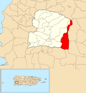 Location of Minillas within the municipality of San Germán shown in red
