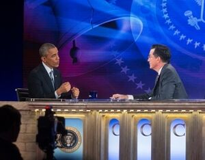 President Barack Obama tapes an interview for "The Colbert Report with Stephen Colbert" at Lisner Auditorium at George Washington University in Washington, D.C. (cropped)