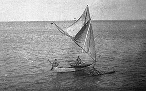 Sailing Canoe brailed on starboard tack, Jaliut Lagoon, Marshall Islands (1899-1900)