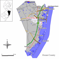 Map of Silver Ridge highlighted within Ocean County. Inset: Location of Ocean County in New Jersey.