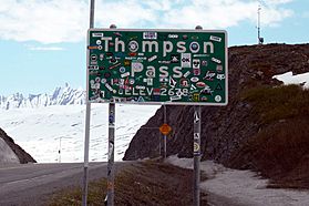 The Valdez bound Thompson Pass sign, as seen in May16.