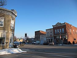 Looking East in downtown Tontogany, Ohio from Main and Broad streets toward the railroad intersection.