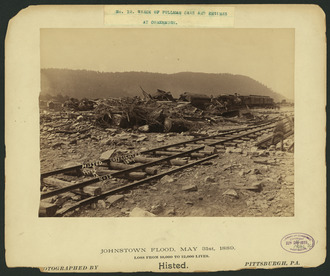 17546u Wreck of Pullman cars and engines at Conemaugh, Johnstown Flood, May 31st, 1889
