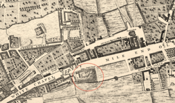 A fragment of Roque's map (1746) showing the location of Whitechapel Mount