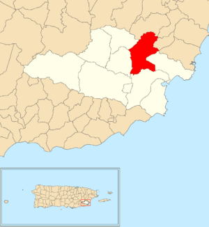 Location of Aguacate within the municipality of Yabucoa shown in red