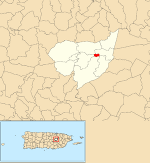 Location of Aguas Buenas barrio-pueblo within the municipality of Aguas Buenas shown in red