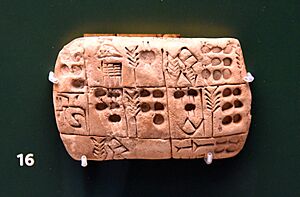 Clay tablet, record of barley and emmer. Late Uruk period, 3300-3100 BCE. Purchased via Christie's, no provenance