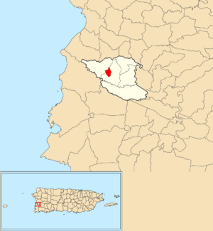 Location of Hormigueros barrio-pueblo within the municipality of Hormigueros shown in red