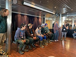 Inuit guardians from Gjoa Haven on MS Ocean Endeavour as part of the trial visitor experience, 2019