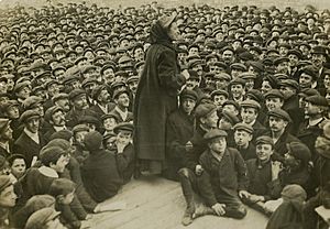 Katherine Douglas Smith speaking to a crowd of men, c.1906-1914. (22505248287)