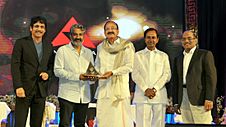 M. Venkaiah Naidu presenting the Akkineni Nageswara Rao National Film Award to the Film Director, Shri S.S. Rajamouli, in Hyderabad on September 17. 2017. The Chief Minister of Telangana, Shri Chandrashekar Rao, Film Actor