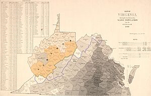 Map of Virginia with percentage of slave population within each county from 1860 Census, from- Proposed state of Kanawha (West Virginia) 1861 as first proposed (cropped)
