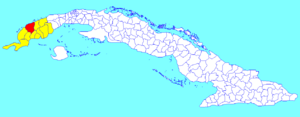 Minas de Matahambre municipality (red) within  Pinar del Río Province (yellow) and Cuba