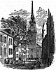 Black-and-white etching of a colonial-era church, viewed from a distance; the church is topped with a very tall steeple