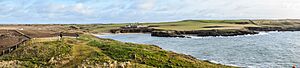 Panorama above Barclodiad y Gawres Burial chamber
