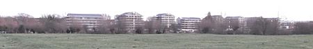 Panorama of graduate housing from Port Meadow, Oxford