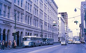 Trolleybus next to Hudson's Bay Company store in Calgary in 1971
