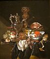 'Silver Wine Jug, Ham, and Fruit' by Abraham van Beyeren, c. 1660-1666