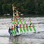 Water ski pyramid with 18 skiers.
