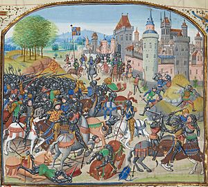 A colourful image of late-medieval knights fighting outside a walled town