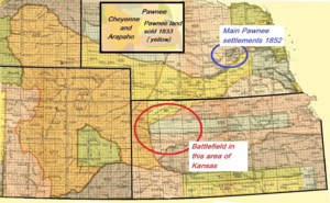 Cheyenne and Arapaho territory (1851) and Pawnee territory with main settlements