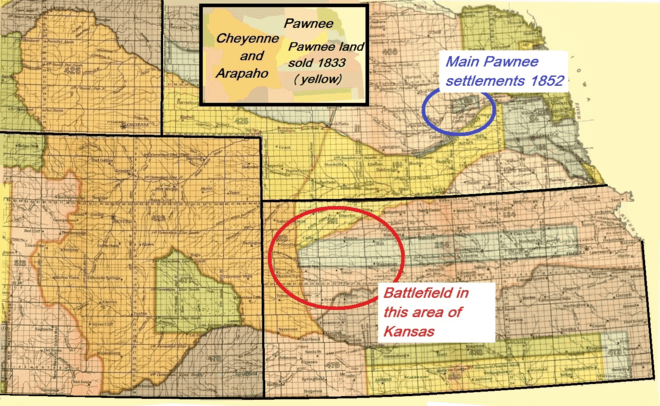 Cheyenne and Arapaho territory (1851) and Pawnee territory with main settlements