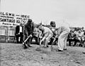David Dubinsky, Governor Munoz, and an unidentified man break ground for the ILGWU - IBEC Santiago Iglesias housing project in Puerto Rico, 1957